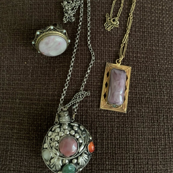 Set of 2 necklaces and ring with natural stones - Picture 1 of 12